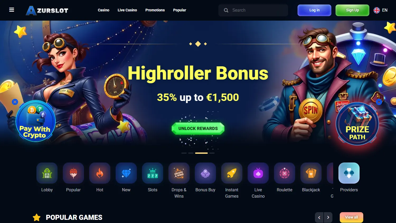 Azurslot Casino desktop pokies lobby with casino game categories
