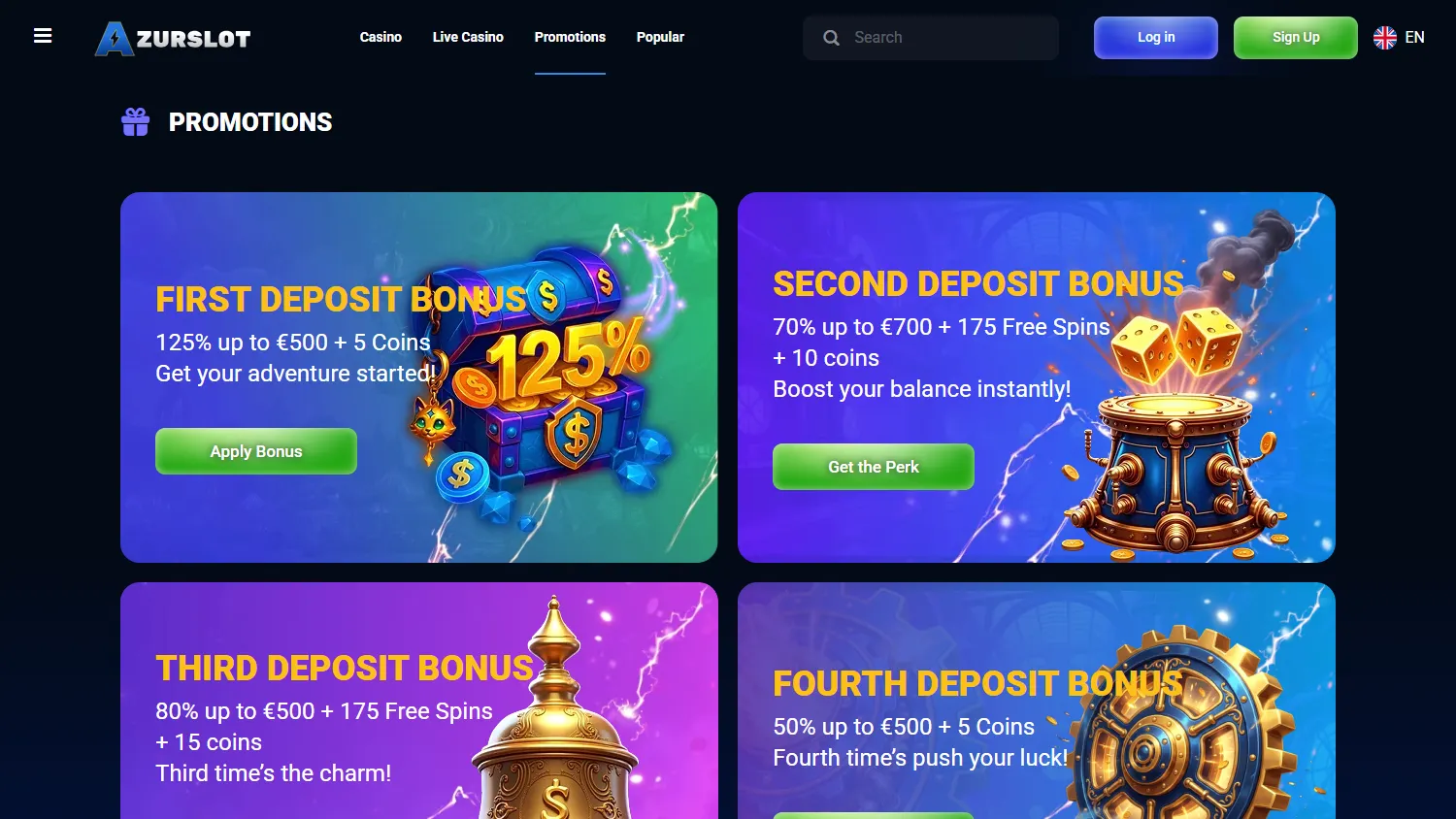 Azurslot Casino desktop promotions area with casino offers