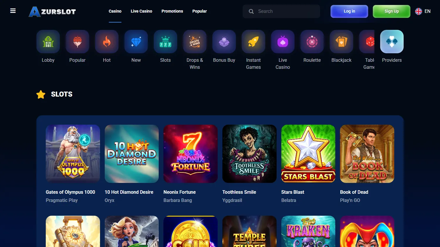 Azurslot Casino desktop game library with pokies, live games and table games