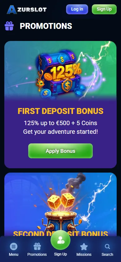 Azurslot Casino mobile promotions area